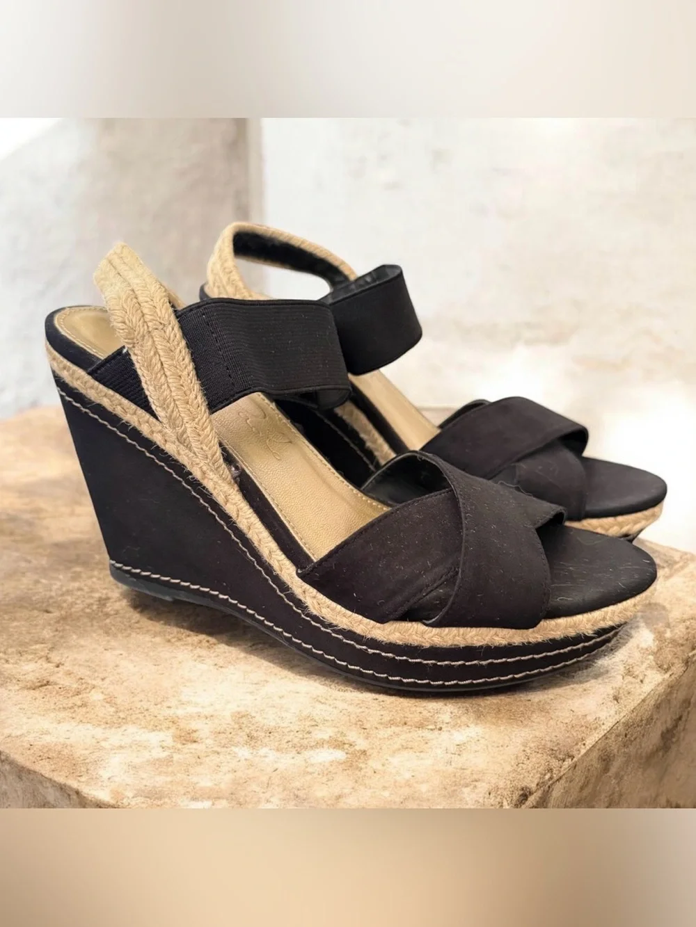 Studio Paolo Black Strappy Slip On Wedge Espadrille Sandals Size 7
